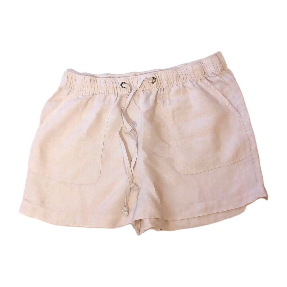 C C California beige 100% linen Drawstring  Patch Pockets Shorts Women's Size...